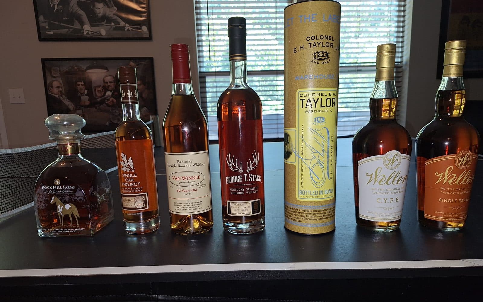 Seven-bottle lot including Van Winkle 12 Year Lot B, George T. Stagg, E.H. Taylor Warehouse C and two Wellers