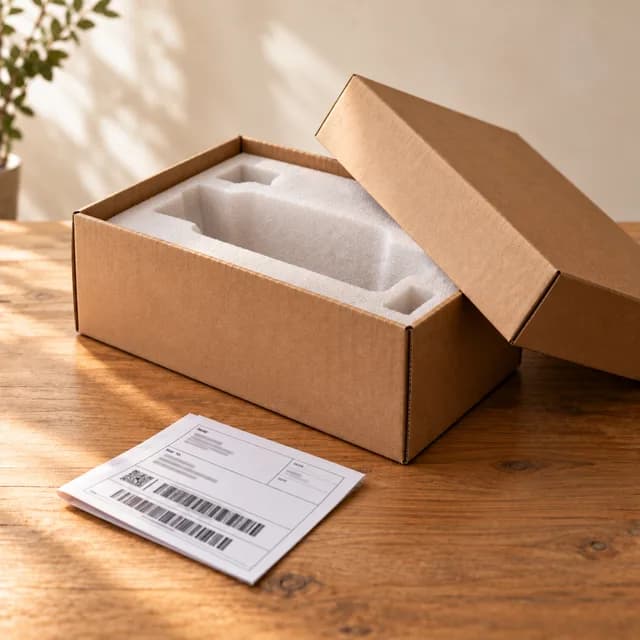 The shipping kit box with its lid set aside, a foam bottle protector inside, and the prepaid return label on the table