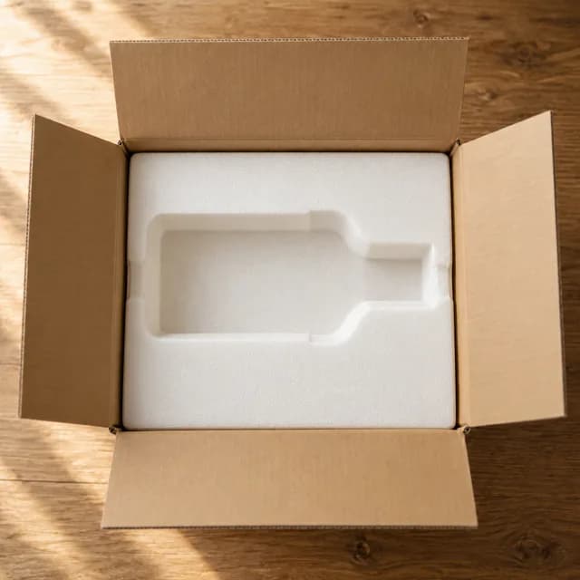The open shipping box seen from above, with the empty bottle-shaped foam protector inside