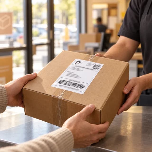 Handing the sealed box across the counter at the drop-off location